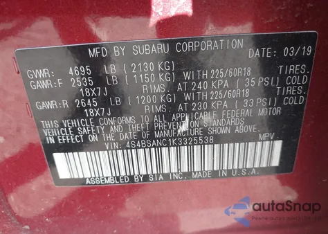 2019 Subaru Outback 2.5I Limited from USA, damaged, VIN 4S4BSANC1K3325538